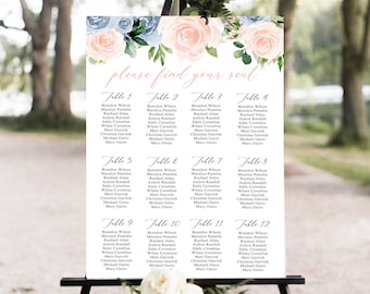 Dusty Blue and Pink Wedding Seating Chart - Blush Floral Wedding Table Chart - Instant Download and Edit Today! PP162