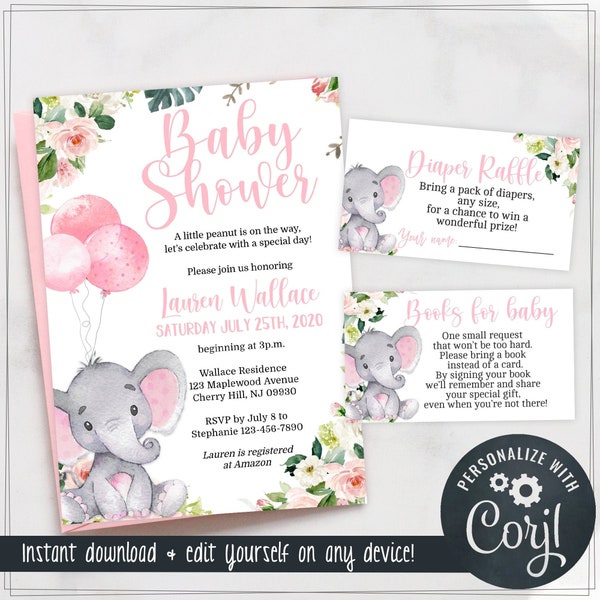 Invitaciones de baby shower de elefante para niña: ¡edítalas tú mismo y descarga instantánea con Corjl!