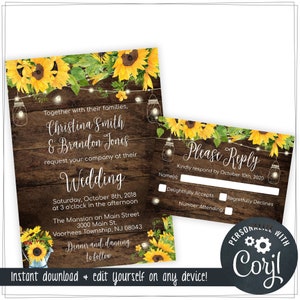 Rustic Sunflower Wedding Invitations Instant Download Template