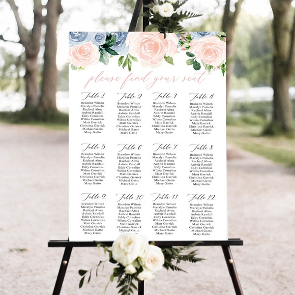 Dusty Blue and Pink Wedding Seating Chart - Blush Floral Wedding Table Chart - Instant Download and Edit Today! PP162