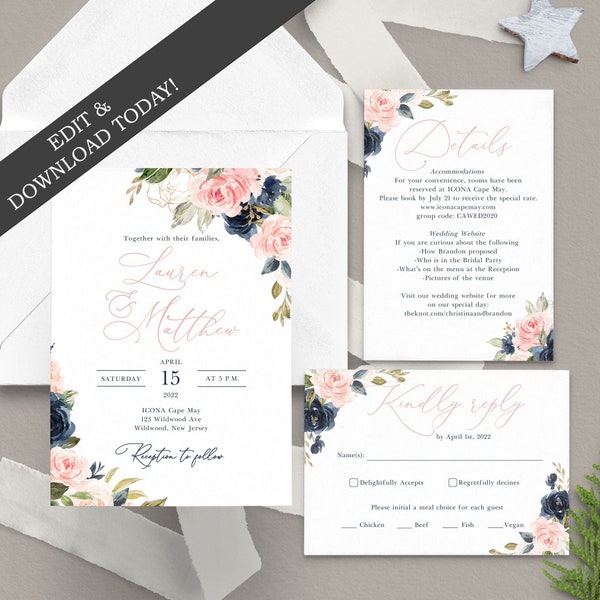 Navy Wedding Invitation - Etsy