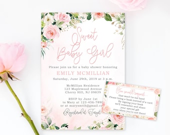 Pink Floral Baby Shower Invitations Digital Template or Printed with White Envelopes - Baby-147