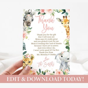 Safari Girl Baby Shower Dankeschön-Kartenvorlage - Rosa Dschungeltiere 4 x 6 Dankeschön-Karte - Bearbeiten Sie sich und sofortiger Download! - Baby-251