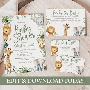 Safari Baby Shower Uitnodigingssjablonen - Jungle Dieren Bewerkbare uitnodigingssjabloon, luierloterij en boekenkaart! Baby-250