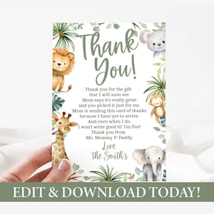 Plantilla de tarjeta de agradecimiento de Baby Shower de animales de Safari - Tarjeta de agradecimiento 4x6 - ¡Edítelo usted mismo y descargue al instante! - Bebé-250
