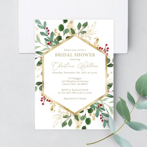 Winter Bridal Shower Invitations - Greenery with Red Christmas Berries - Includes White Envelopes Bridal-167