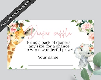 Safari Animals Diaper Raffle Cards for a Girl - 3.5x2 Card - Edit Yourself & Instant Download! - Baby Shower - Baby-223