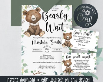 Bear Baby Shower Invitations for Boys - We Can Bearly Wait - Gender Neutral - Edit Yourself & Instant Download with Corjl!