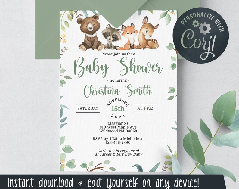 Woodland Baby Shower Invitations Gender Neutral Forest Animals Edit Yourself Instant Download with Corjl Baby205