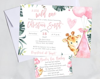 Giraffe Baby Shower Invitation Girl - Digital File or Printed with White or Pink Envelopes - Girl - Pink - Elephants - Baby-155