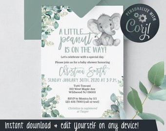 Elephant Baby Shower Invitations with Greenery - Gender Neutral - Edit Yourself & Instant Download with Corjl! Baby-209