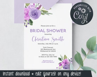 Bridal Shower Invitation Template - Lilac and Lavender Floral - Edit Yourself and Download the Digital File with Corjl