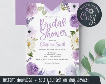 Lavender Bridal Shower Invitation Template - Floral Bridal Shower - Edit Yourself & Instant Download with Corjl - Bridal-171