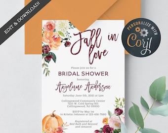 Autumn Floral Bridal Shower Invitation Editable Text WI192 Instant Access Corjl Template Bridal Shower Invitation Template
