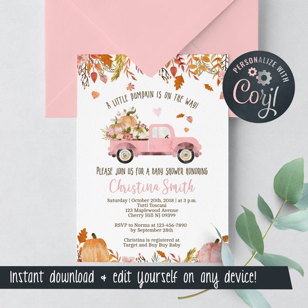 Fall Baby Shower Invitations for a Girl - Little Pumpkin - Pink - Edit Yourself & Instant Download! - Baby-162