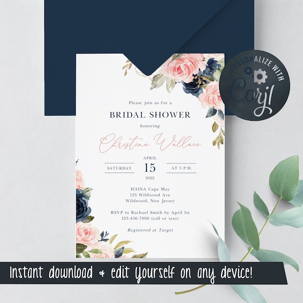 Blush and Navy Bridal Shower Invitation Template - Spring Bridal Shower - Edit Yourself & Instant Download with Corjl - Bridal-168