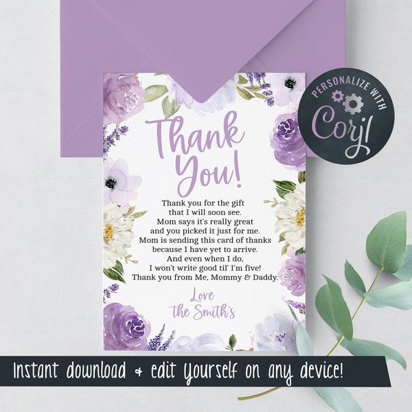 Lavender Purple Baby Shower Thank You Card - 4x6 Thank You Card - Edit Yourself & Instant Download! - Baby-217