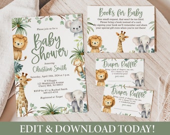 Safari Baby Shower Invitation Templates - Jungle Animals Editable Invitation Template, Diaper Raffle and Book Card! Baby-250