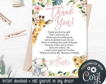 Safari Animals Baby Shower Thank You Card for a Girl - 4x6 Thank You Card - Pink - Edit Yourself & Instant Download! Baby-223