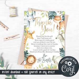 Safari Baby Shower Dankeskarte für ein Mädchen - Dschungeltiere - 4x6 Dankeskarte - Bearbeiten & Herunterladen! - Baby-234