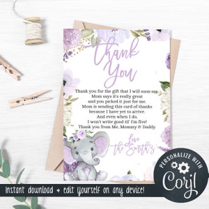 Tarjeta de agradecimiento de Baby Shower de elefante púrpura para una niña - Tarjeta de agradecimiento 4x6 - Florales de lavanda - ¡Edítelo usted mismo y descargue al instante! bebe-229