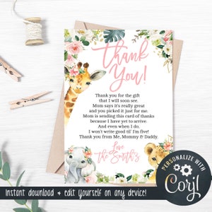 Safari Tiere Baby Shower Dankeskarte für ein Mädchen - 10 x 6 Dankeschön-Karte - Pink - Bearbeiten Sie sich & Instant Download! Baby-223