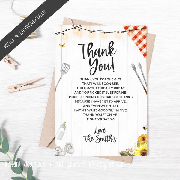 BabyQ Shower Thank You Card - 4x6 Thank You Card - Gender Neutral - Edit Yourself & Instant Download! Baby-224