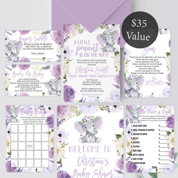 Purple Elephant Baby Shower Package for a Girl - Instant Download and Print Yourself - Baby-229