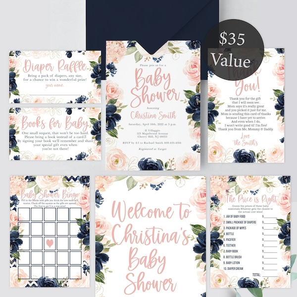 Blush and Navy Baby Shower Package - Includes Invitation, Games, Diaper Raffle, Ect - Instant Download and Print Yourself - Baby-214