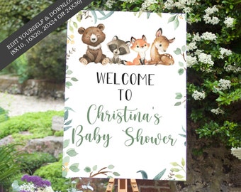 Woodland Animals Baby Shower Welcome Sign - Multiple Size Options - Edit Yourself & Instant Download with Corjl! baby-205