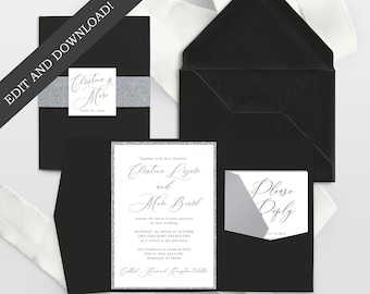 Black and Silver Glitter Wedding Invitation Template Download - RSVP Card and Details Card Included - Edit Today with Corjl Wedding-150