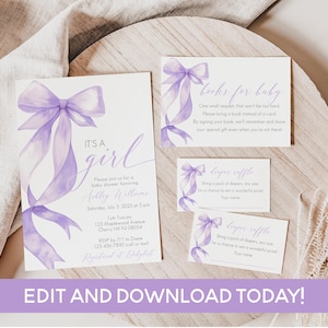 Purple Bow Baby Shower Invitation Templates - Its a Girl Editable Invitation Template, Diaper Raffle and Book Card! Baby-103