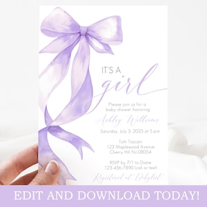 Purple Bow Baby Shower Invitation Template - Its a Girl - Digital Template - Edit Yourself and Instant Download with Corjl! Baby-103
