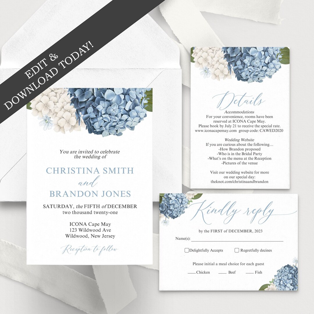 Hydrangea Wedding Invitation Template Set RSVP Card and Details Card Hydrangea Wedding Invitation Template Set RSVP Card and Details Card