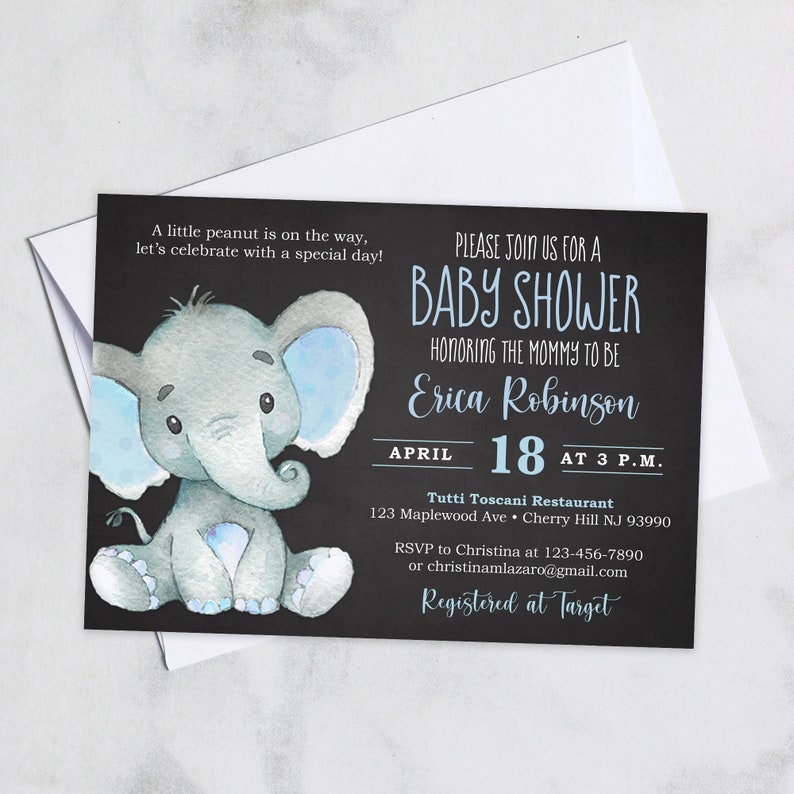 Blue Elephants Chalkboard Baby Shower Invitations Elephant Baby Shower Invitation Boy
