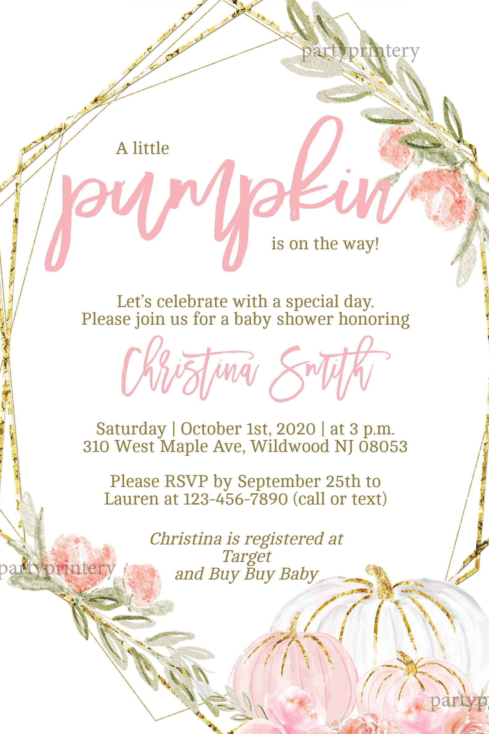 Fall Baby Shower Invitations for a Girl Pink and Gold | Etsy