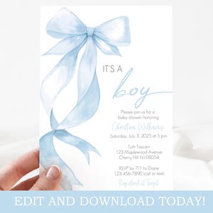 Blaue Schleife Babyparty Einladungsvorlage - Es ist ein Junge - Digitale Vorlage - Bearbeiten Sie sich selbst und Sofortiger Download mit Corjl! Baby-101