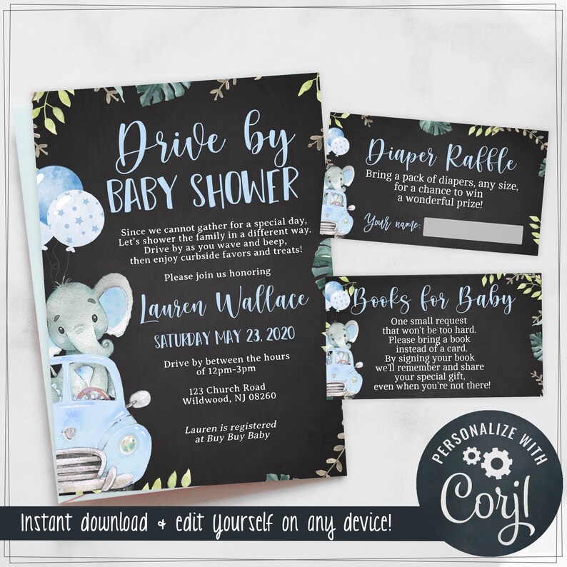 Drive by Baby Shower Invitations for Boys With Elephants Etsy