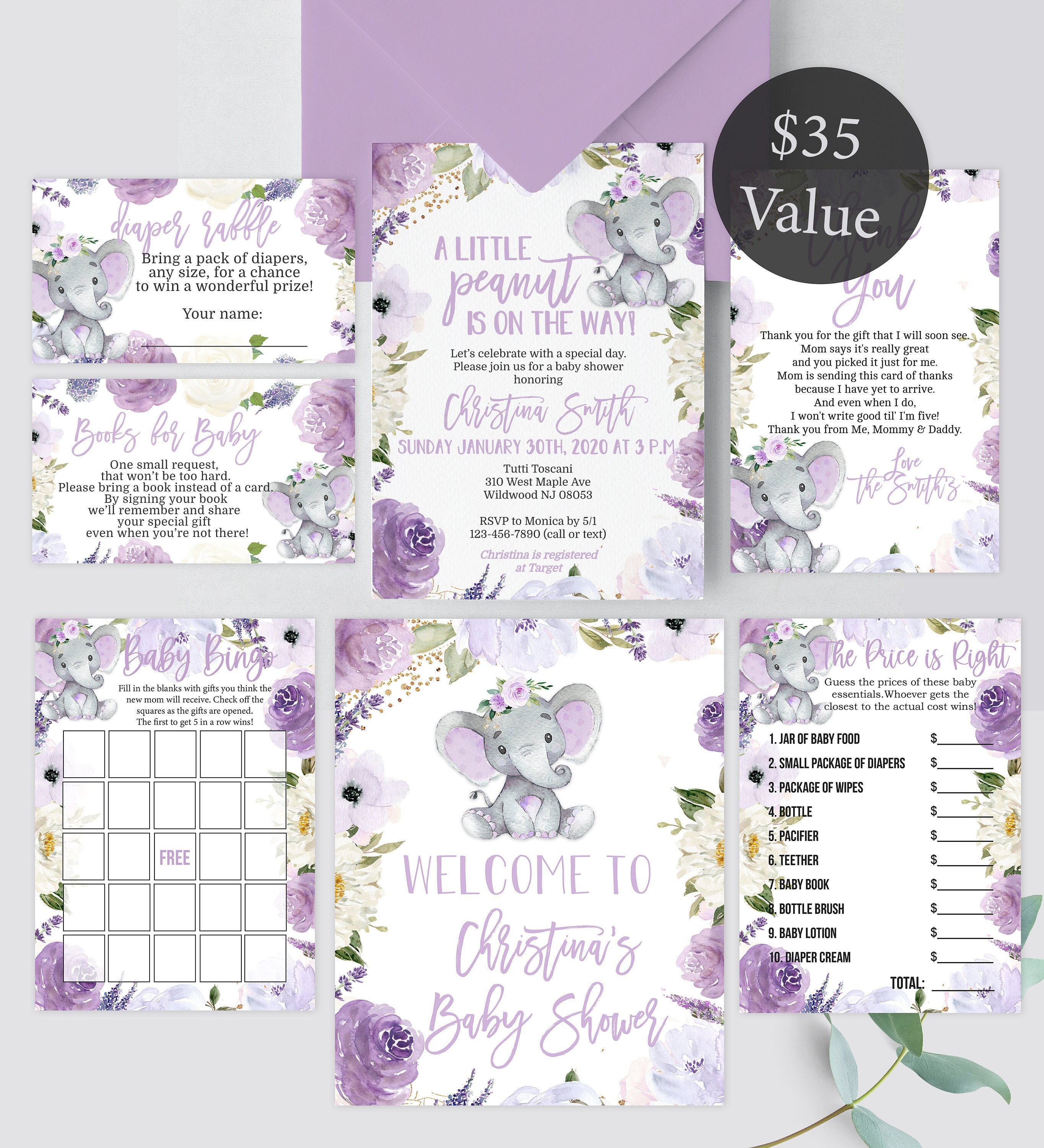 Purple Elephant Baby Shower Package for a Girl - Instant Download and Print Yourself - Baby-229