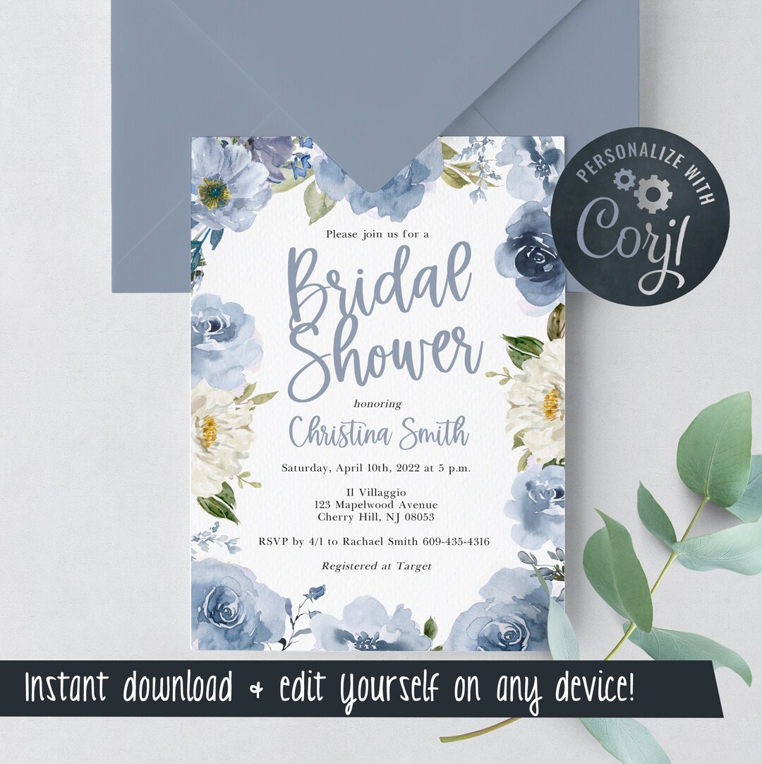 Dusty Blue Bridal Shower Invitation Template - Floral Bridal Shower ...