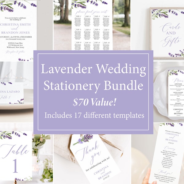 Lavender Wedding Template Bundle - Includes Invitation, RSVP Card, Menu and More! Instant Download Today PP161