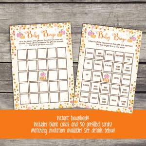 Pumpkin Baby Shower Bingo Game -  Pink and Orange - Fall Baby Shower Games - Instant Download Bingo Game Baby-247