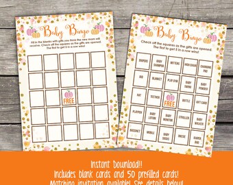Pumpkin Baby Shower Bingo Game -  Pink and Orange - Fall Baby Shower Games - Instant Download Bingo Game Baby-247