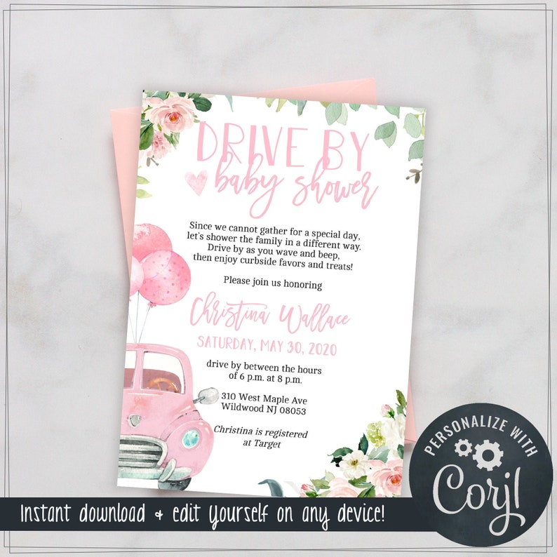 Drive By Baby Shower Invitations for Girls Edit Yourself & Etsy