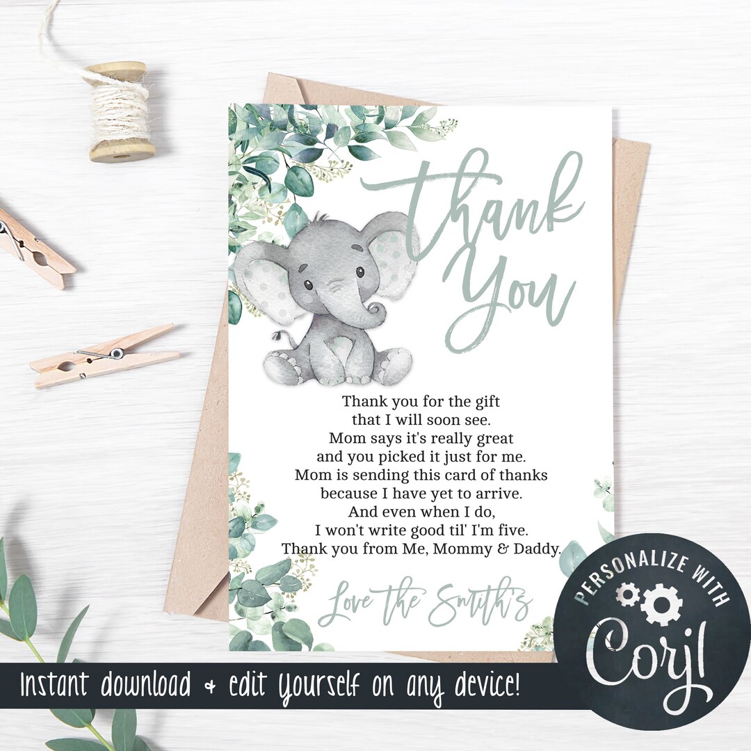 Elephant Baby Shower Thank You Card Gender Neutral - 4x6 Thank You Card ...
