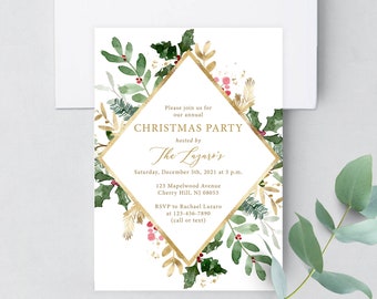 Modern Christmas Party Invitations - Greenery and Berries - Includes White Envelopes Christmas-112