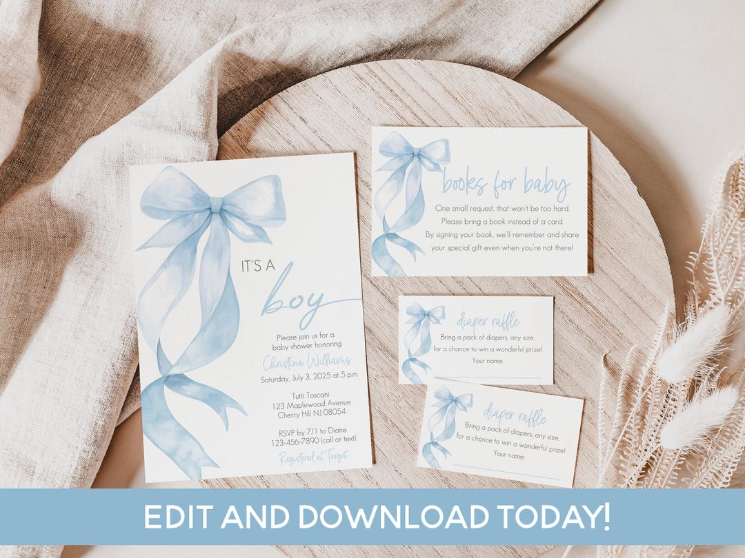 Blue Bow Baby Shower Invitation Templates - Its a Boy Editable ...