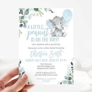 Elephant Baby Shower Invitation Template for a Boy Little Peanut Blue Edit Yourself & Instant Download with Corjl Baby-210 image 1