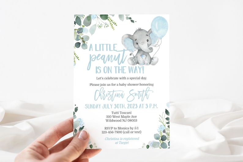 Elephant Baby Shower Invitation Template for a Boy Little Peanut Blue Edit Yourself & Instant Download with Corjl Baby-210 image 1