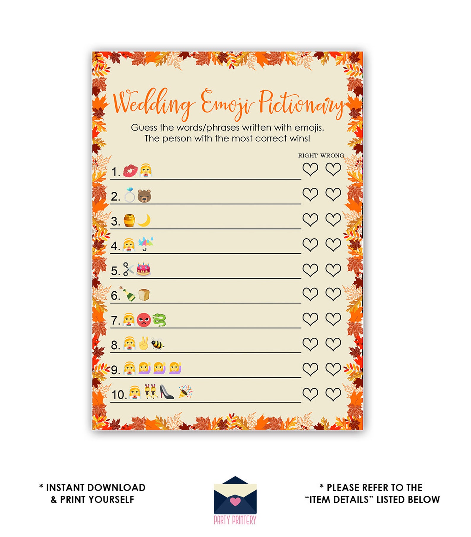 Fall Wedding Emoji Pictionary Game Fall Bridal Shower Emoji | Etsy